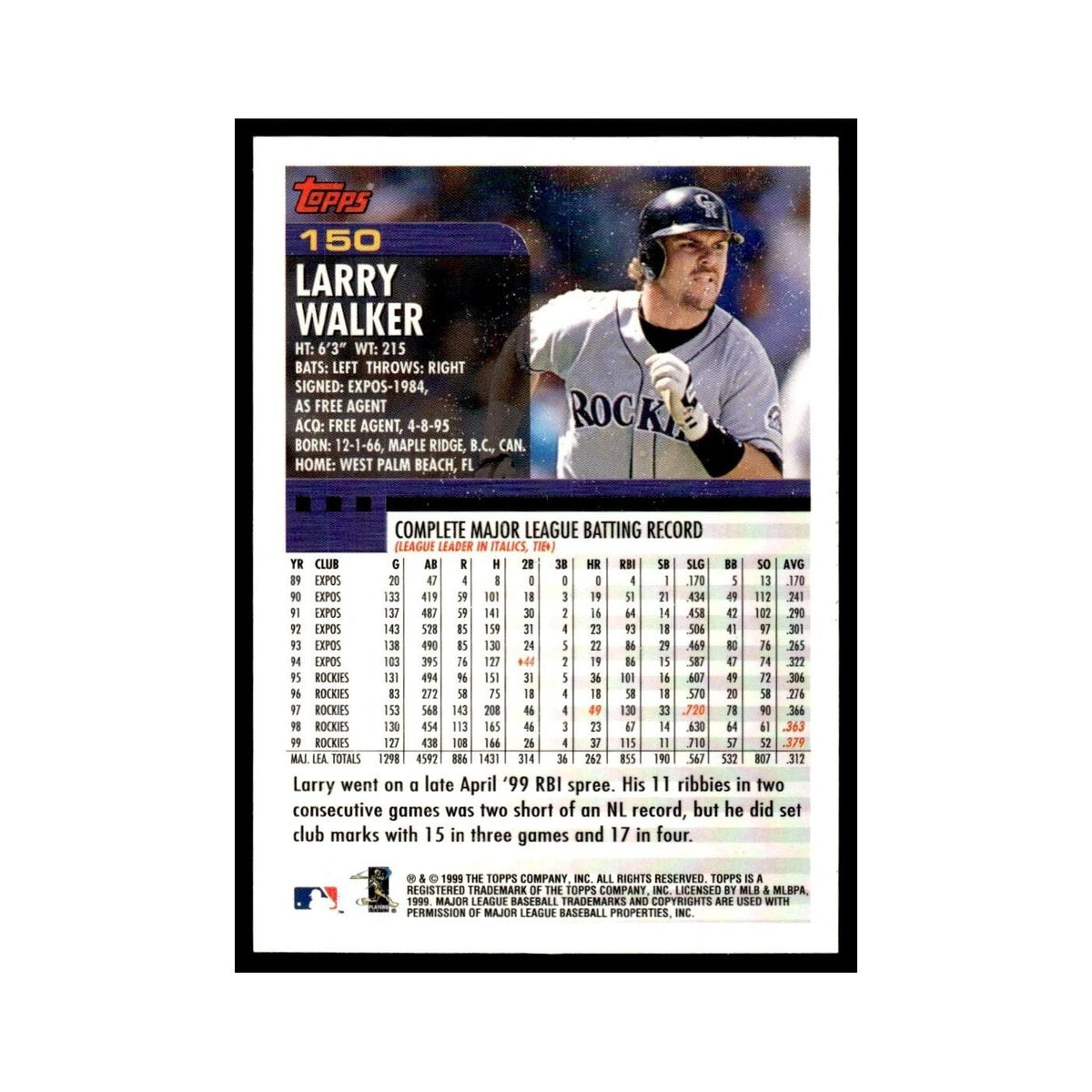 Larry Walker 2000 Topps #150 Colorado Rockies Baseball Card NM