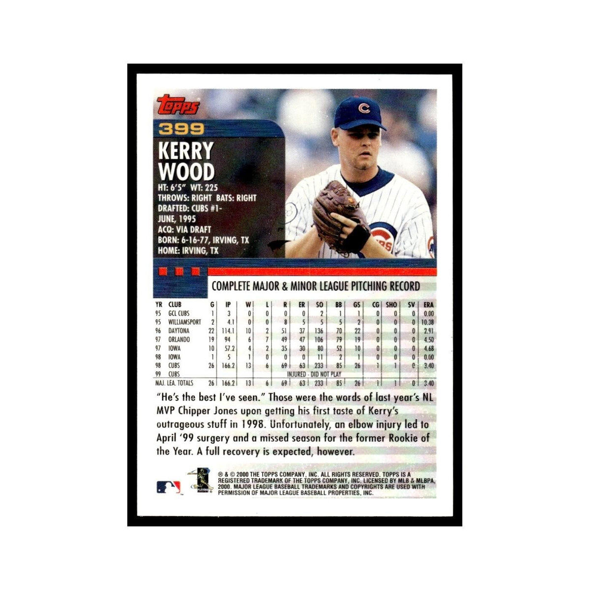 Kerry Wood 2000 Topps #399 Chicago Cubs Baseball Card NM