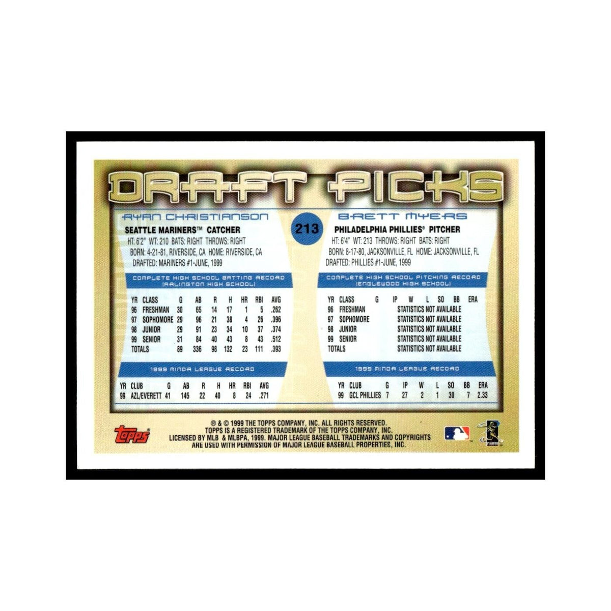 Ryan Christianson Brett Myers Rookie 2000 Topps #213 Baseball Card NM