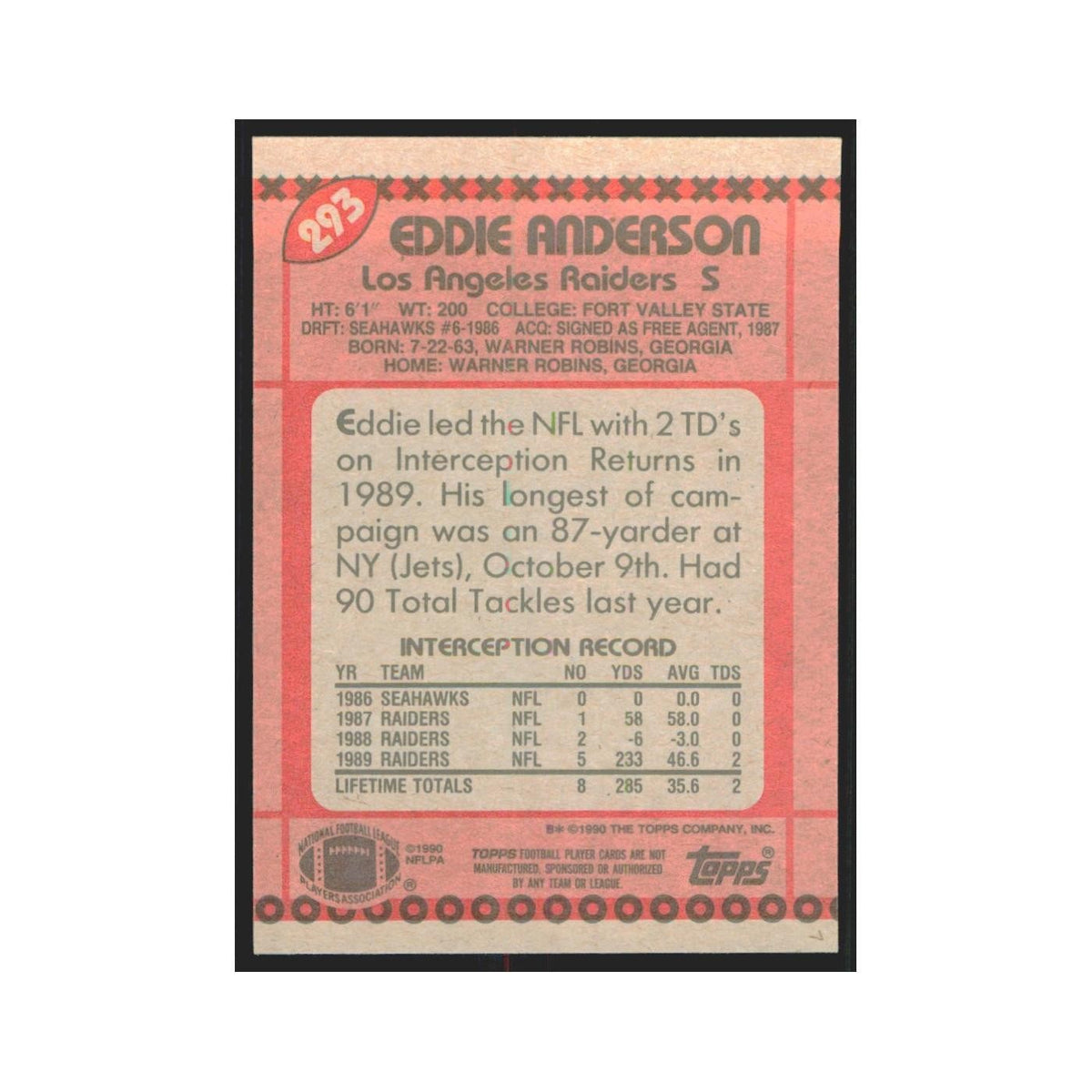 1990 Topps Eddie Anderson Los Angeles Raiders #293