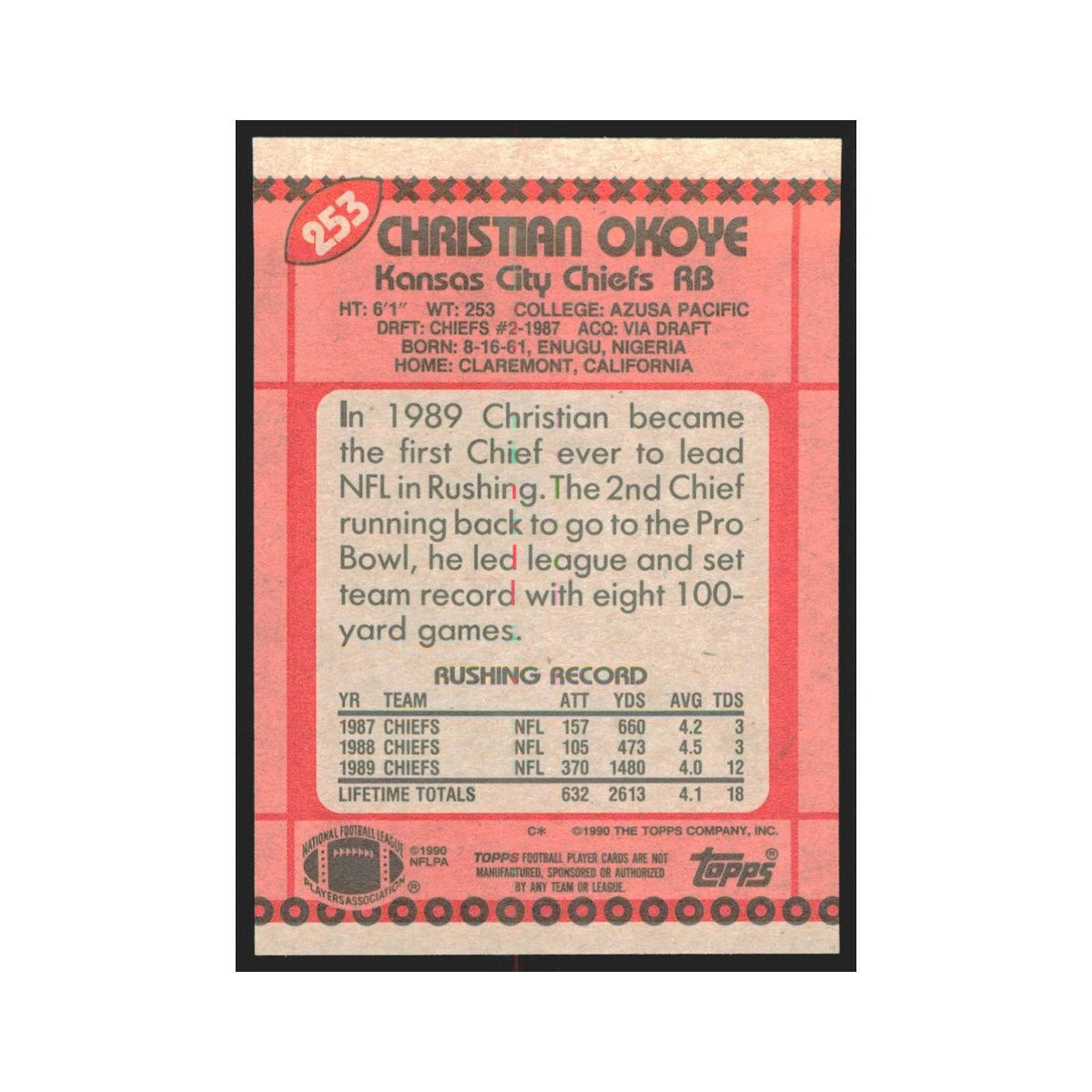 1990 Topps Christian Okoye Chiefs #253