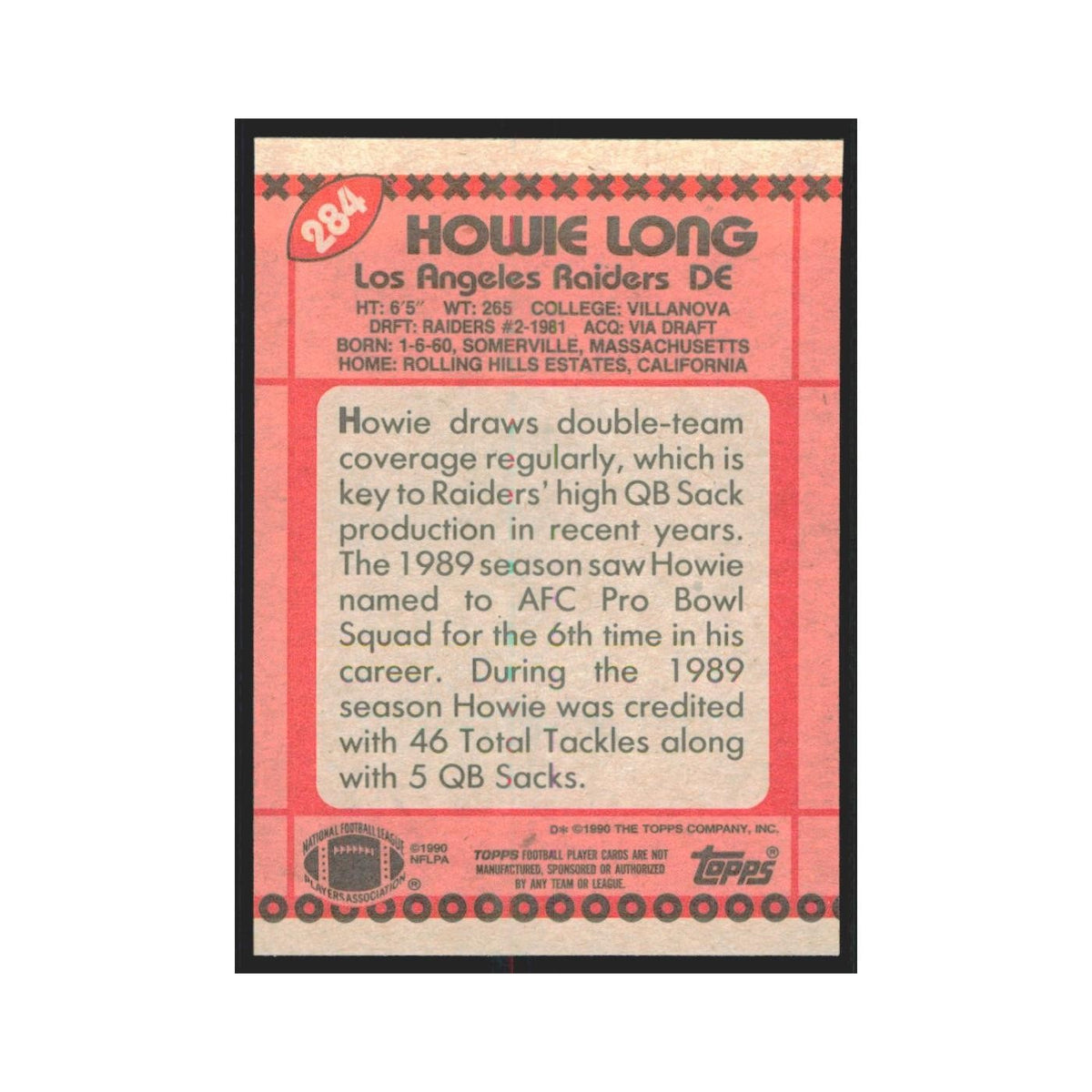 1990 Topps Howie Long Los Angeles Raiders #284