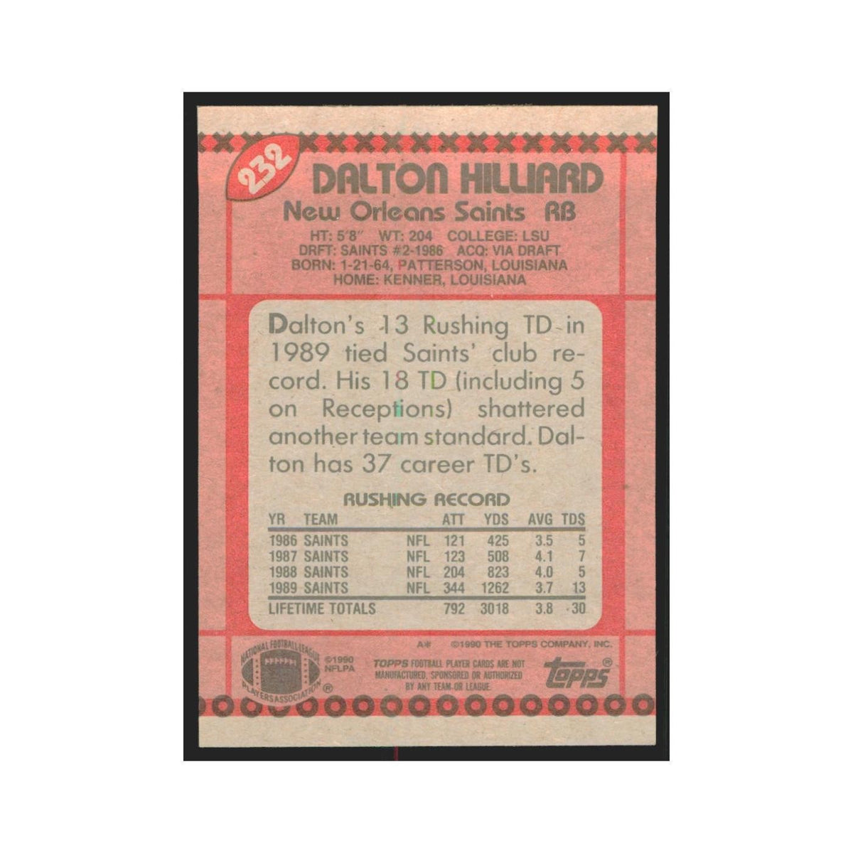 1990 Topps Dalton Hilliard Saints #232