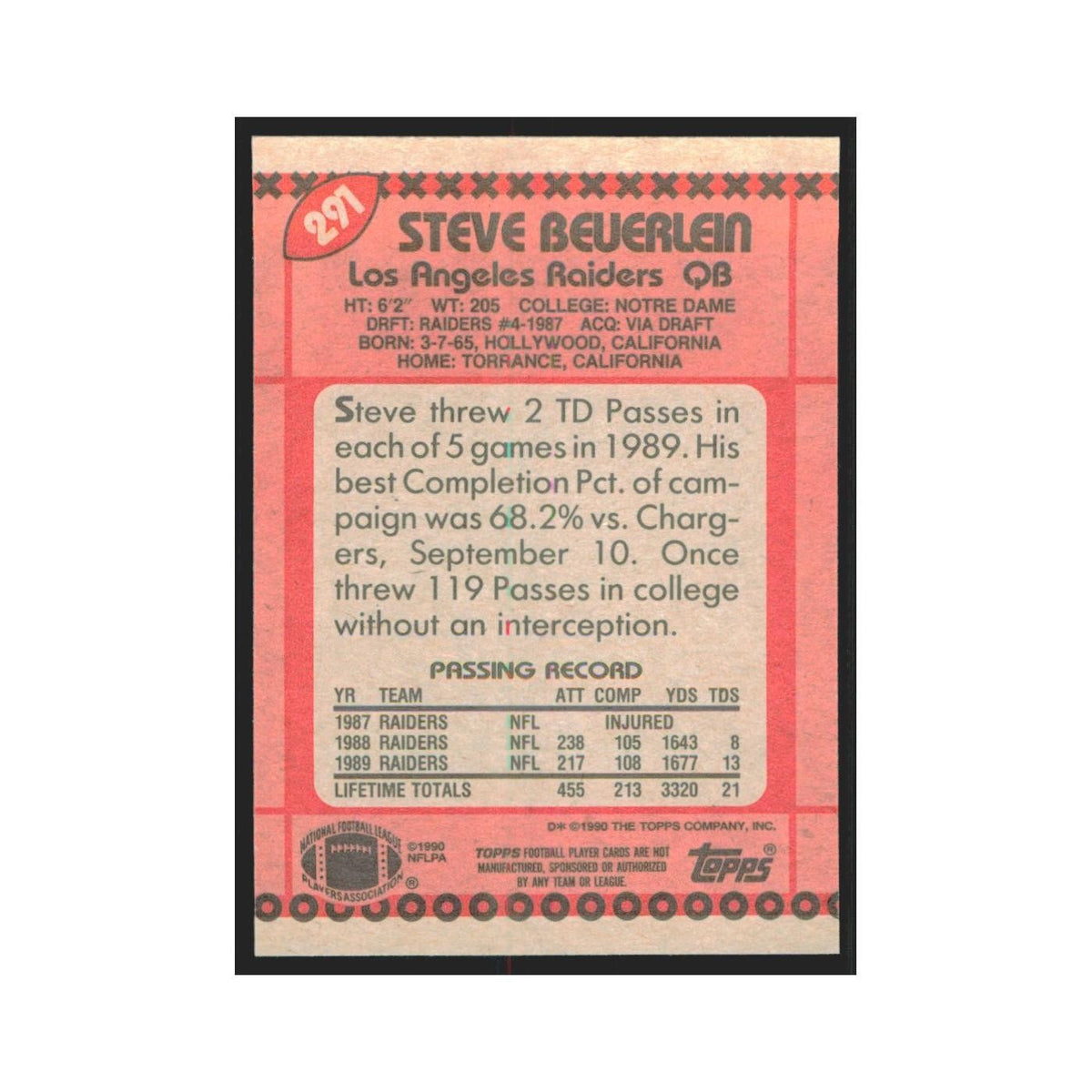 1990 Topps Steve Beuerlein Los Angeles Raiders #291
