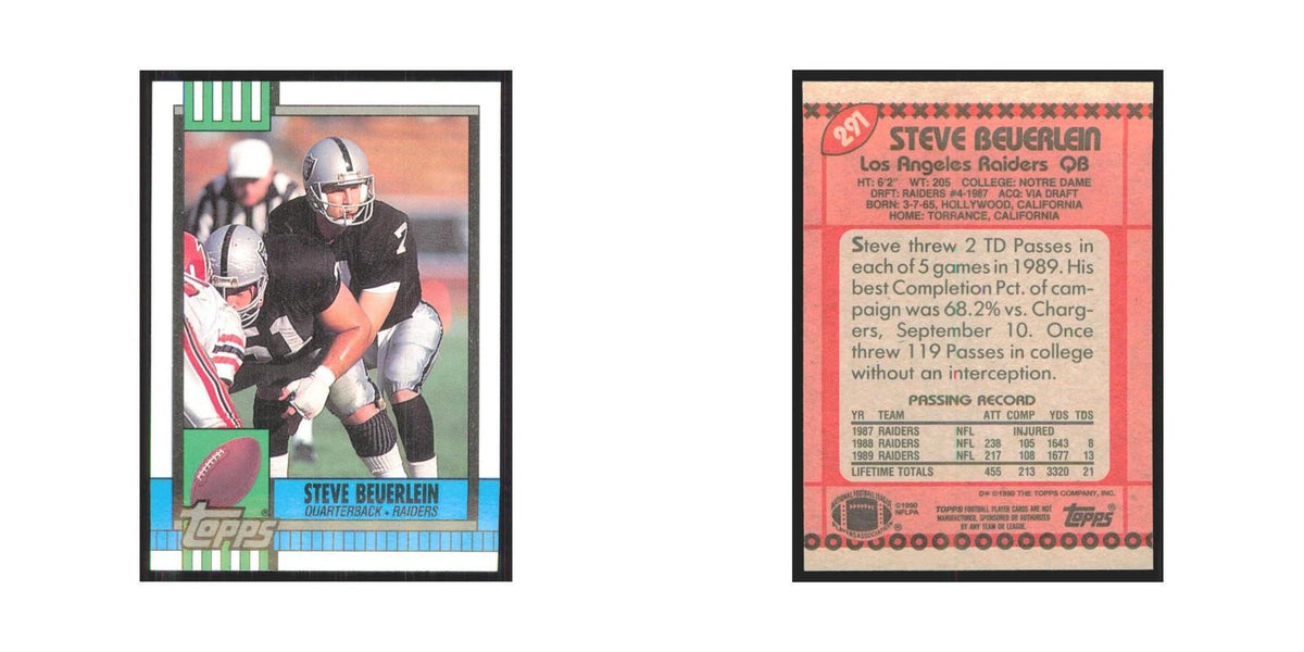 1990 Topps Steve Beuerlein Los Angeles Raiders #291