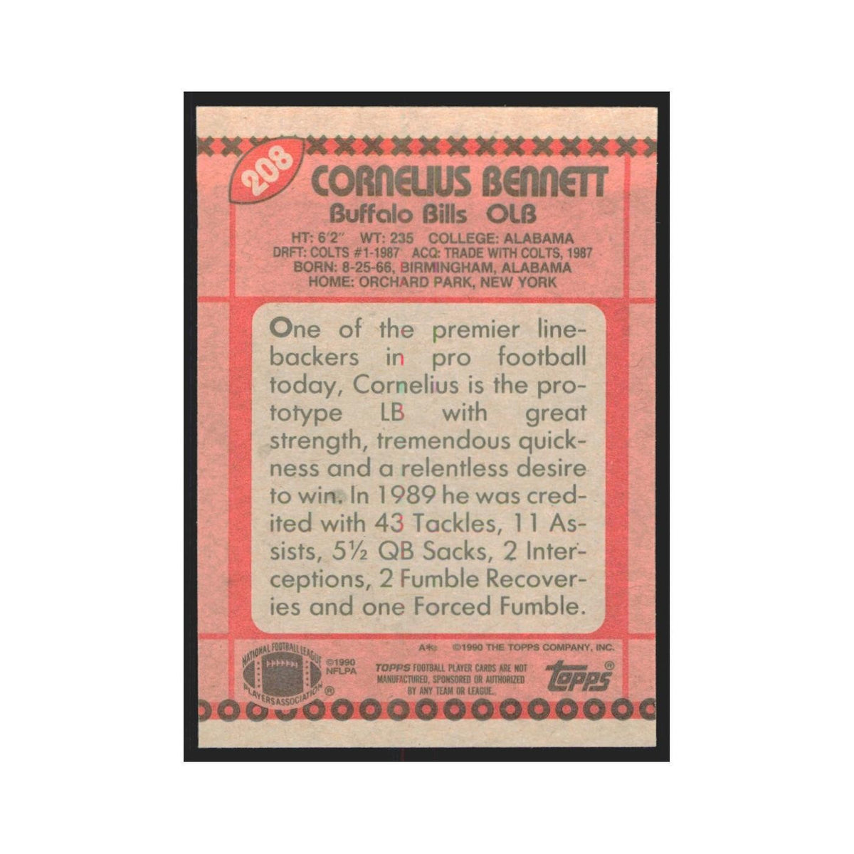 1990 Topps Cornelius Bennett Bills #208