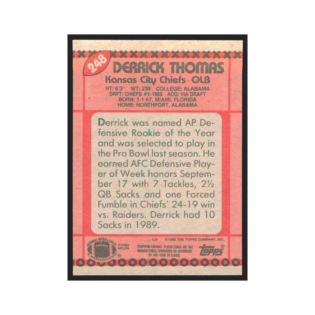 1990 Topps Derrick Thomas Chiefs #248
