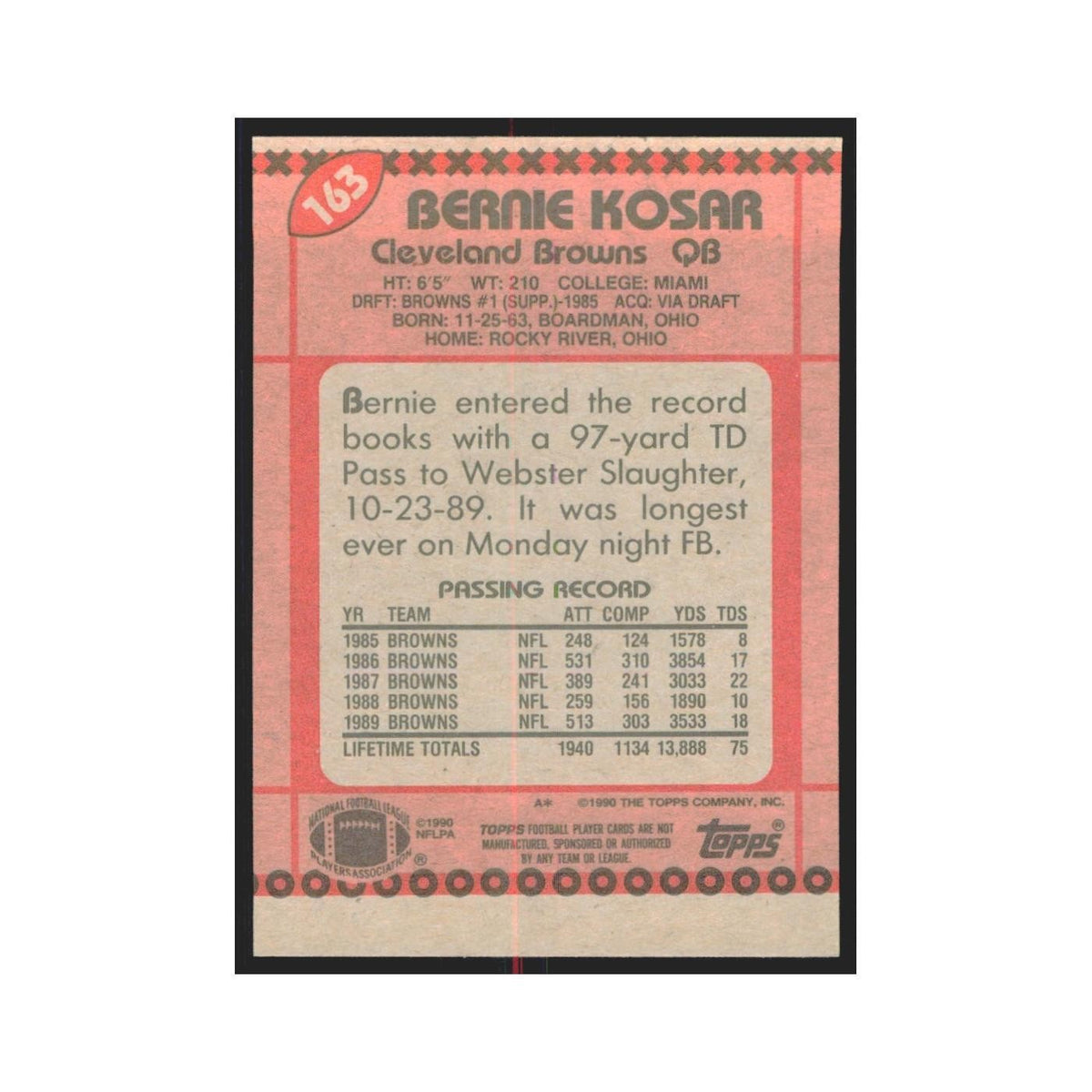 1990 Topps Bernie Kosar Browns #163