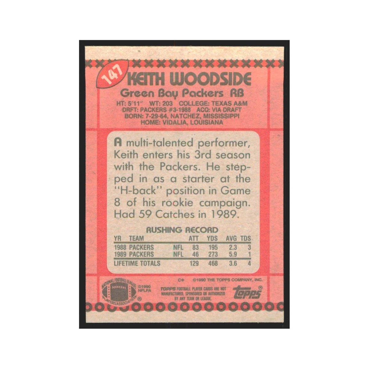 1990 Topps Keith Woodside Packers #147