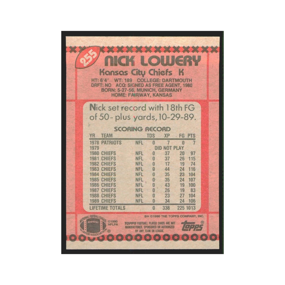 1990 Topps Nick Lowery Chiefs #255