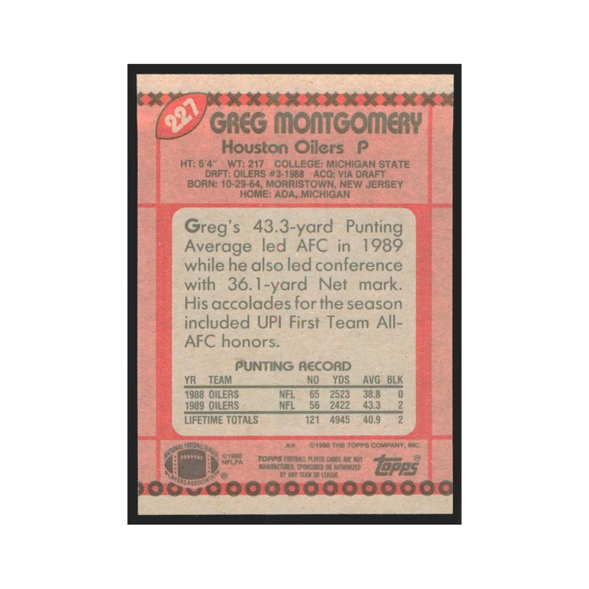 1990 Topps Greg Montgomery RC Houston Oilers #227