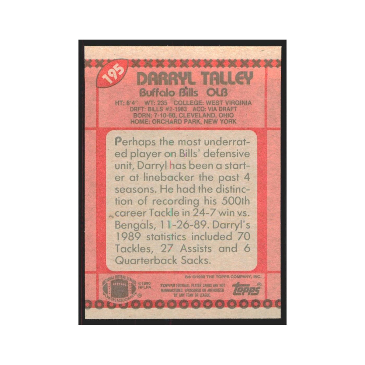1990 Topps Darryl Talley Bills #195