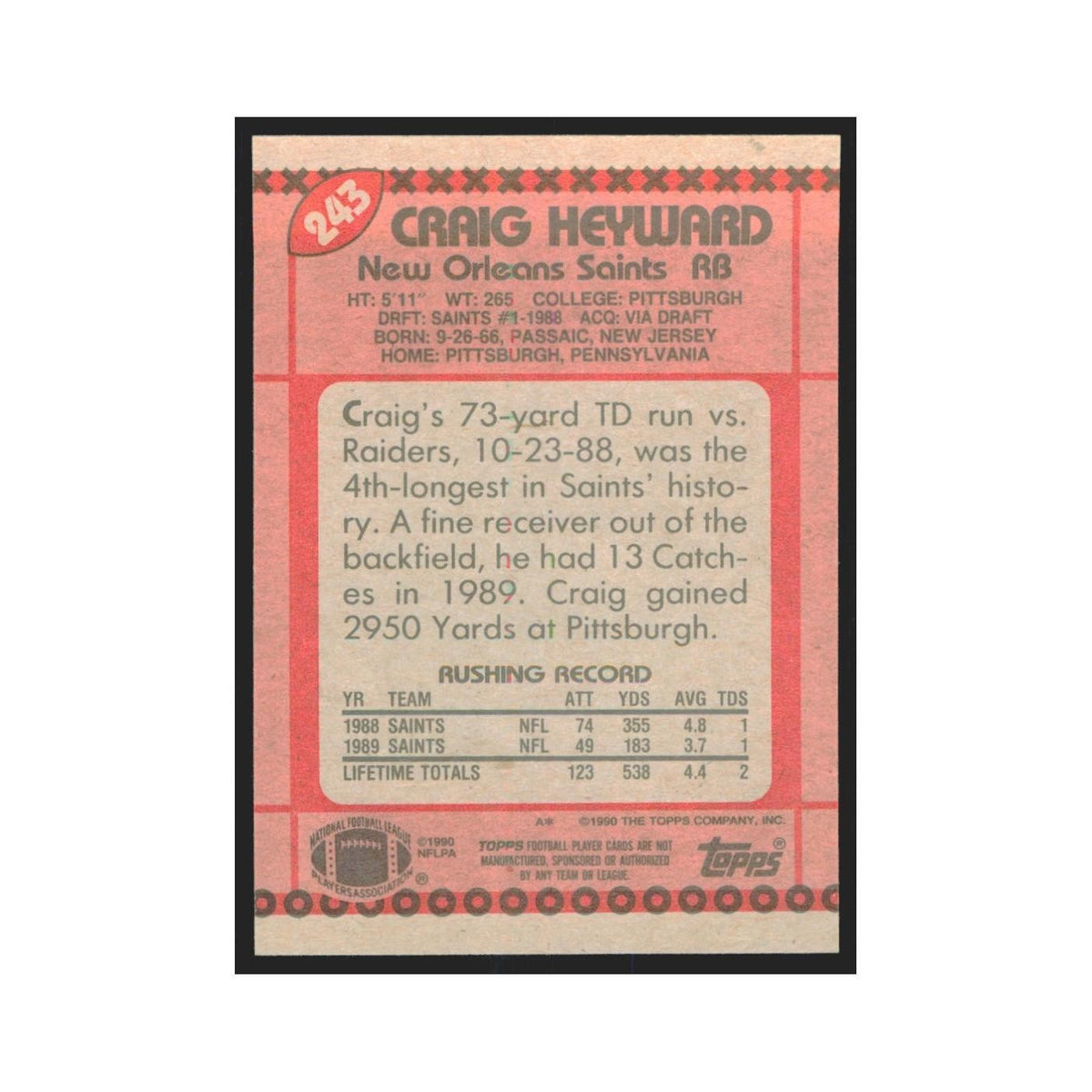 1990 Topps Craig Heyward Saints #243