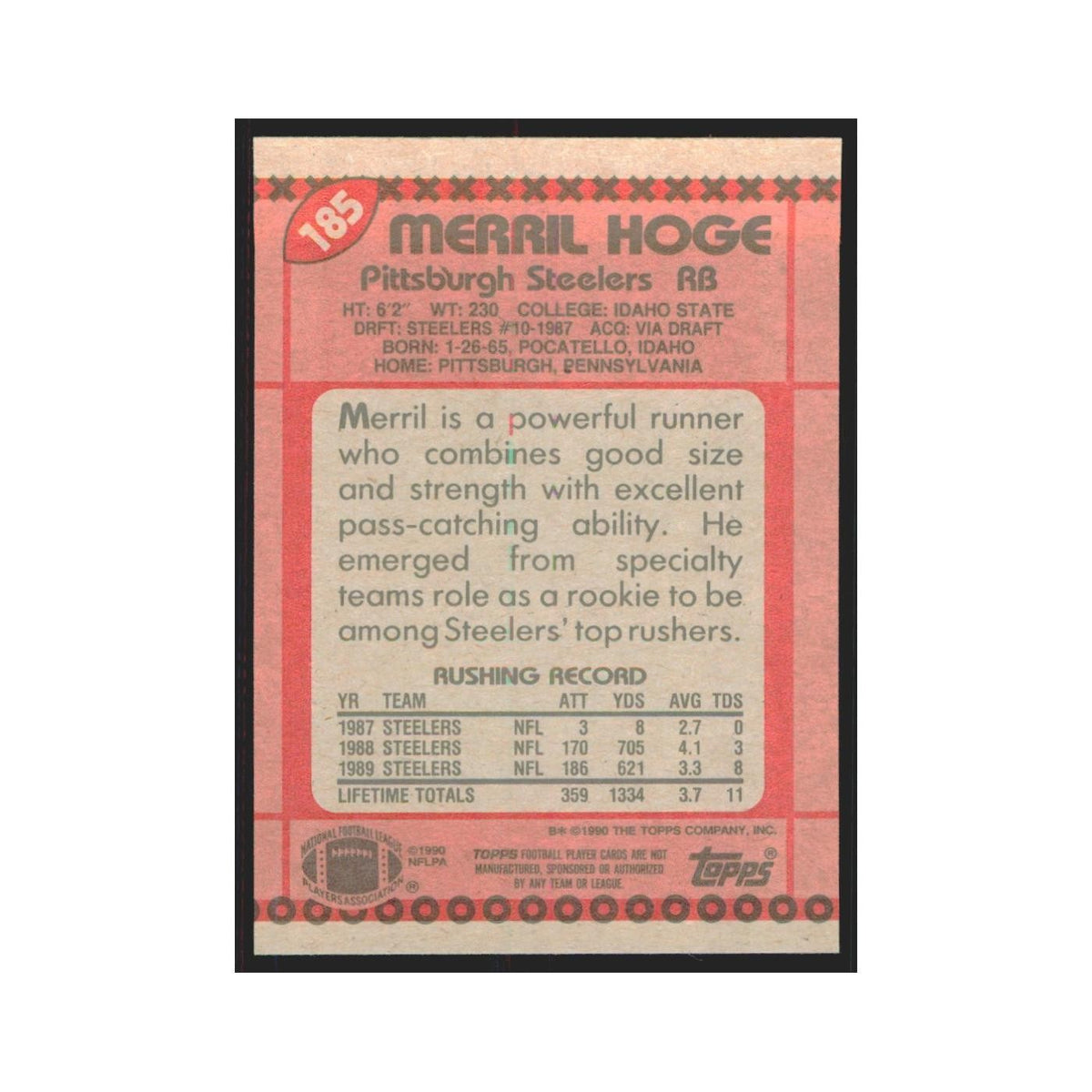 1990 Topps Merril Hoge Steelers #185