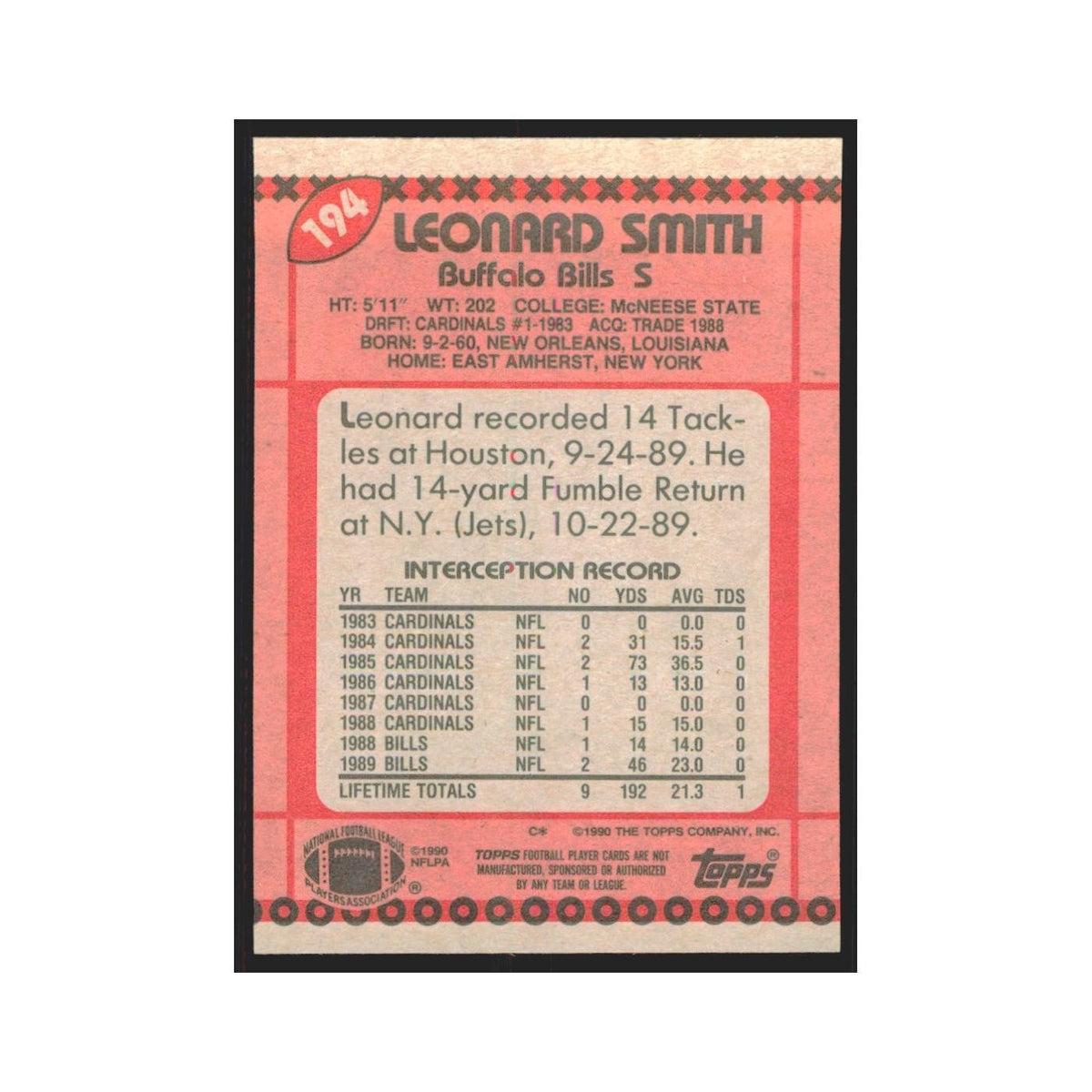 1990 Topps Leonard Smith Bills #194