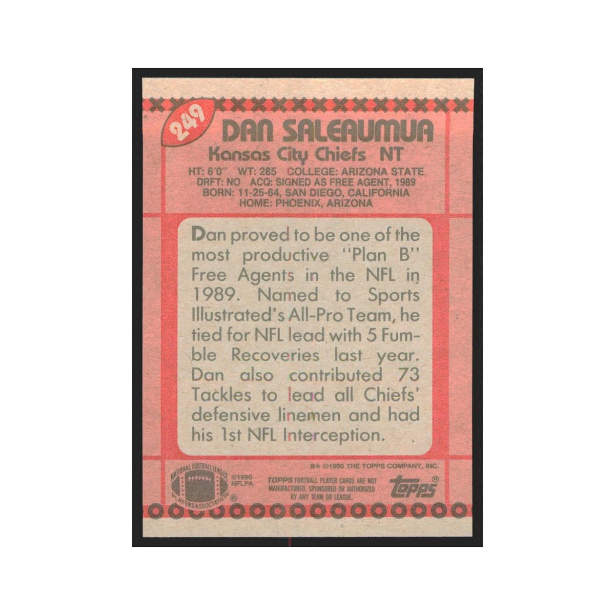 1990 Topps Dan Saleaumua Chiefs #249