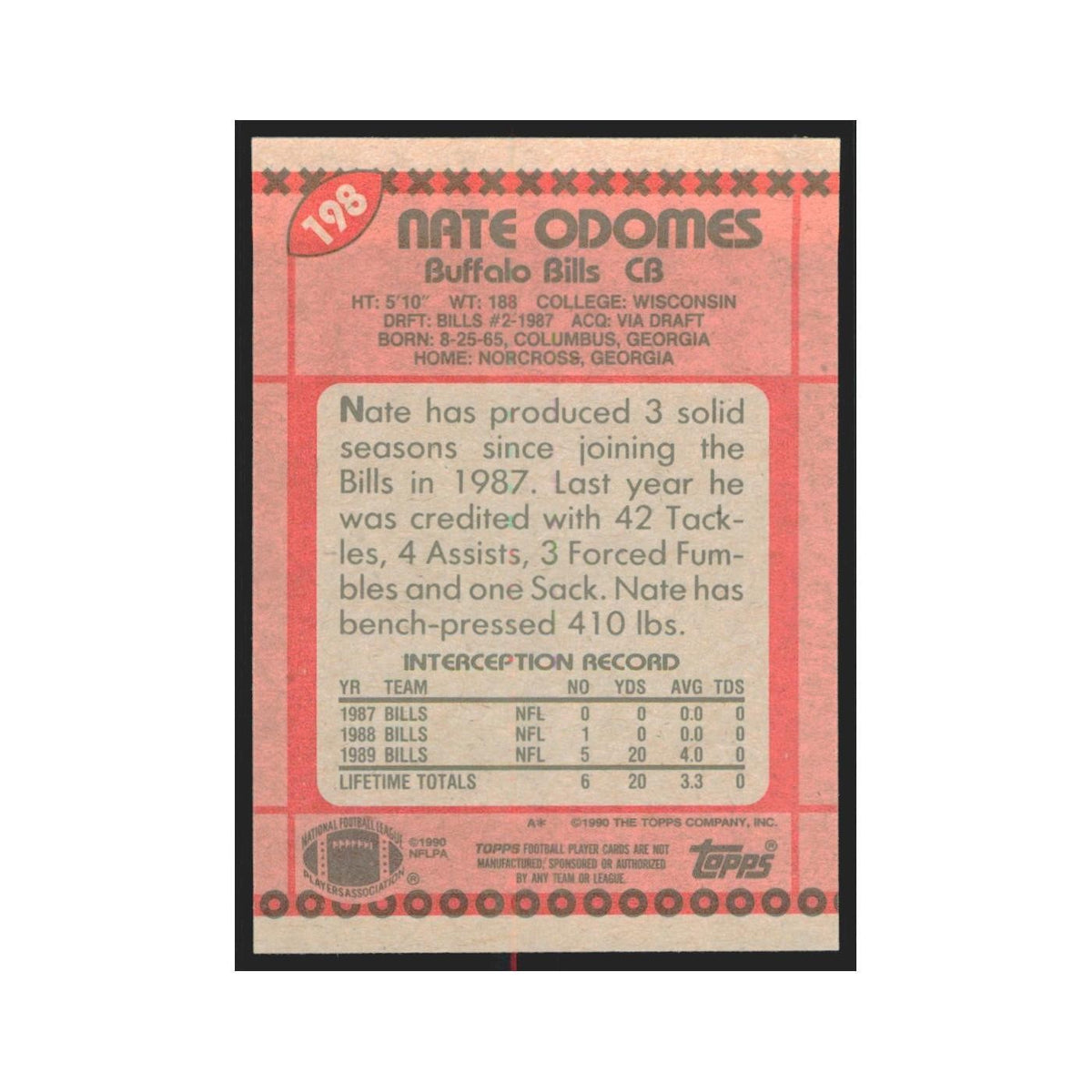 1990 Topps Nate Odomes Bills #198