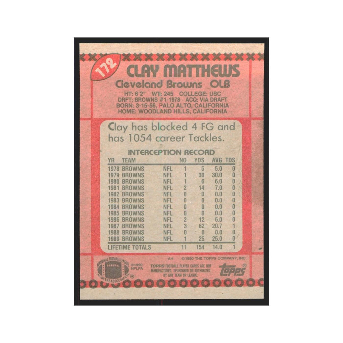 1990 Topps Clay Matthews Browns #172