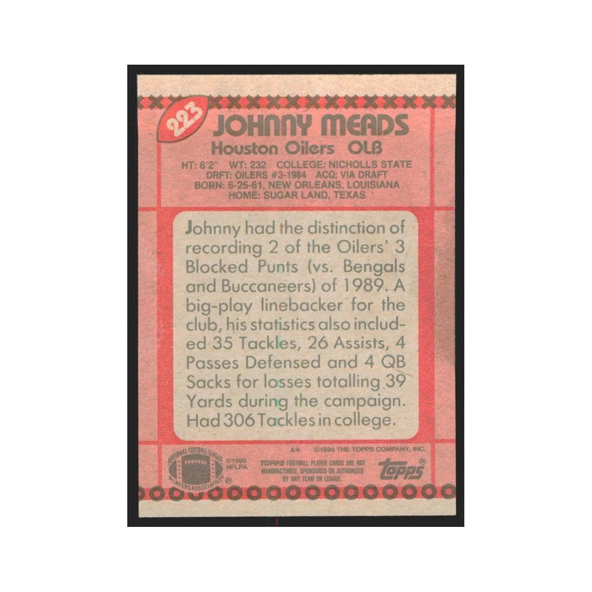 1990 Topps Johnny Meads Houston Oilers #223