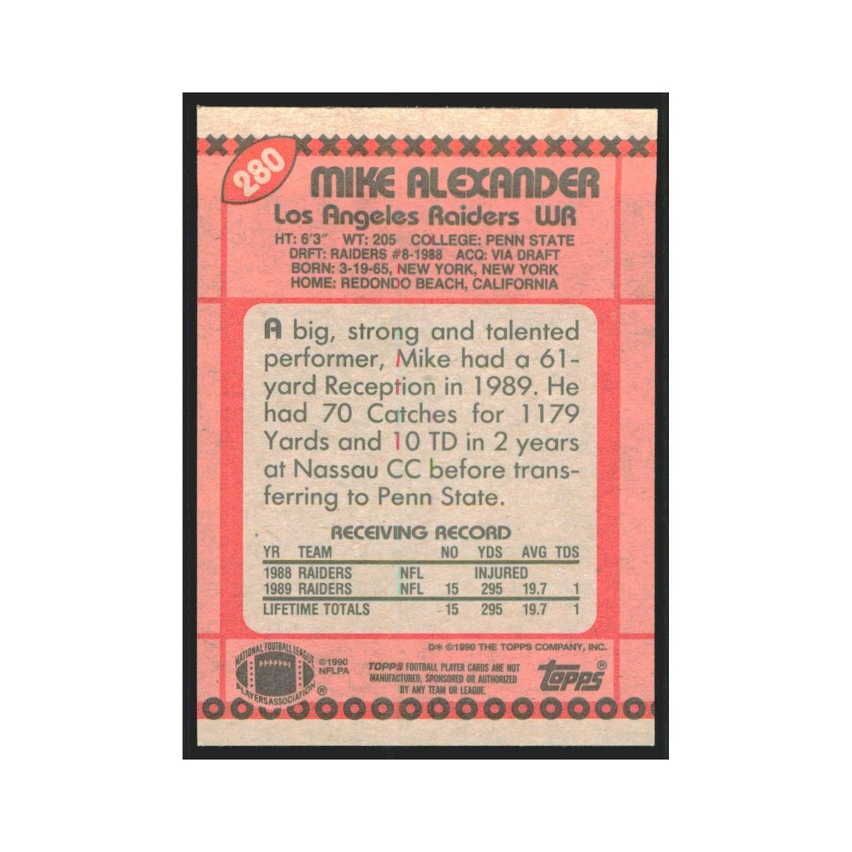 1990 Topps Mike Alexander Los Angeles Raiders #280