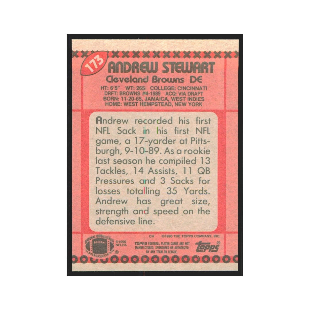1990 Topps Andrew Stewart RC Browns #173