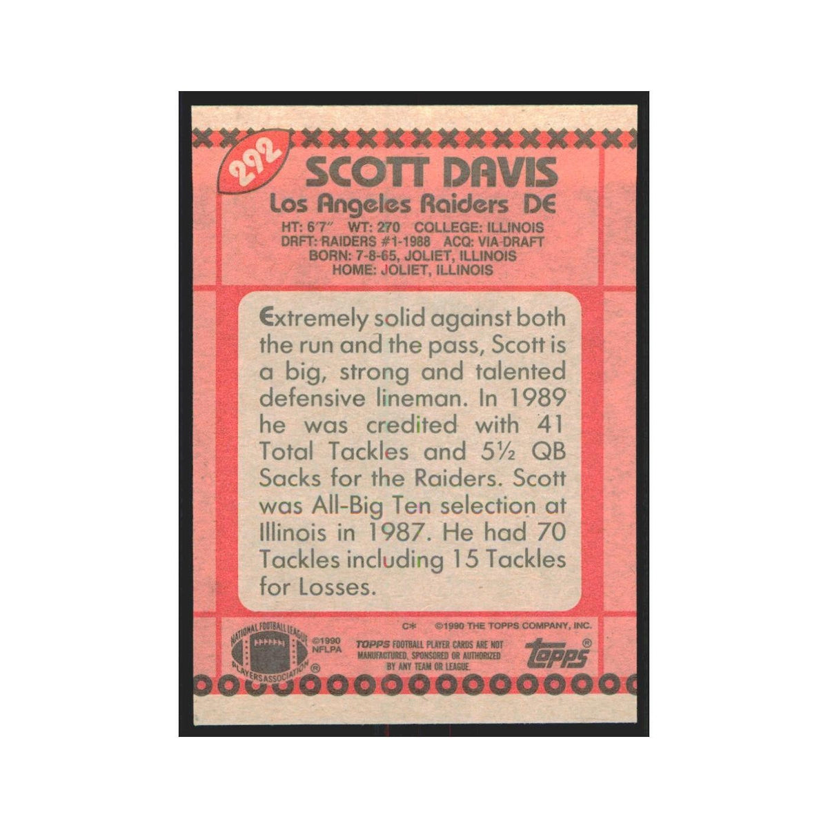 1990 Topps Scott Davis Los Angeles Raiders #292