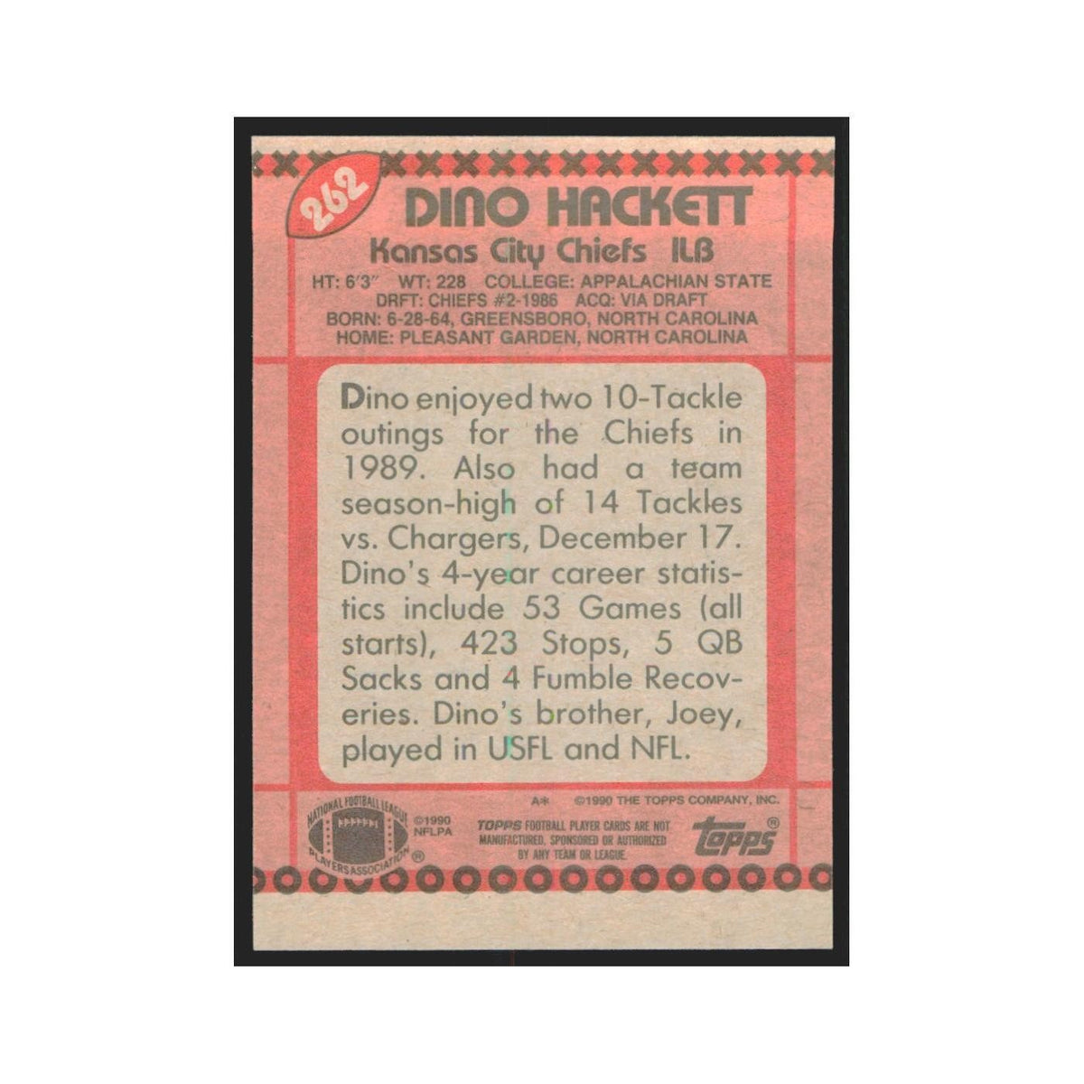 1990 Topps Dino Hackett Chiefs #262