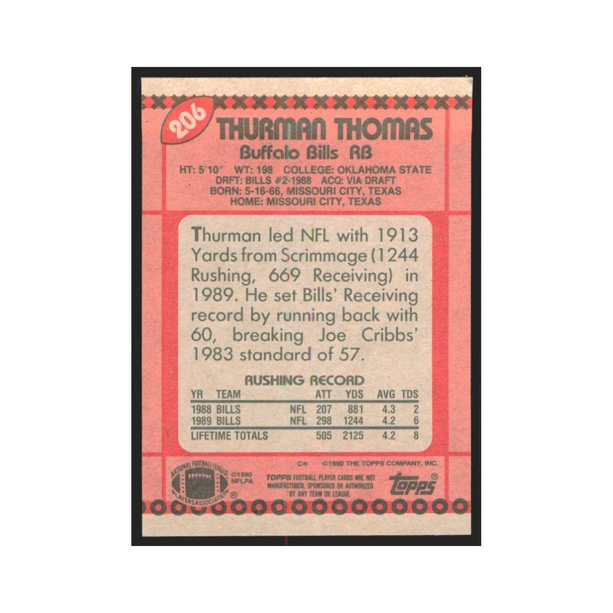 1990 Topps Thurman Thomas Bills #206