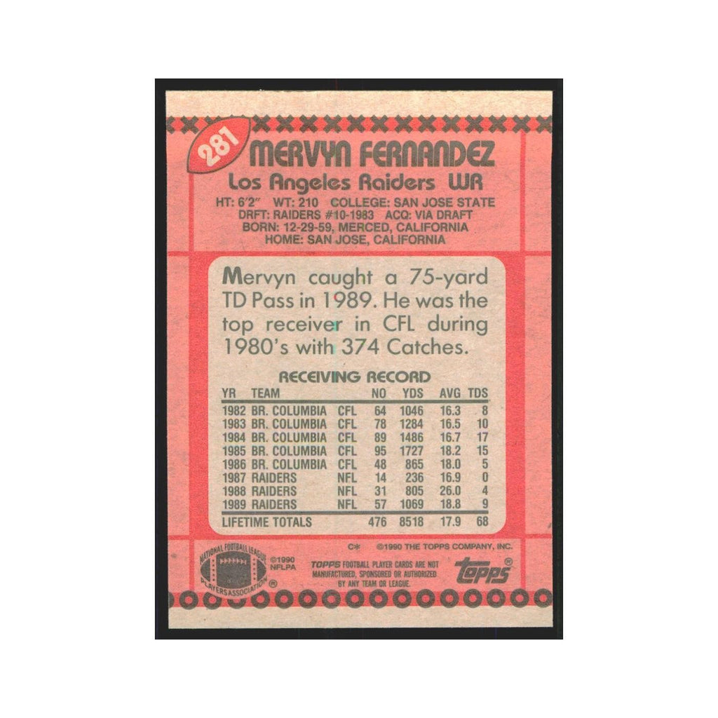1990 Topps Mervyn Fernandez Los Angeles Raiders #281