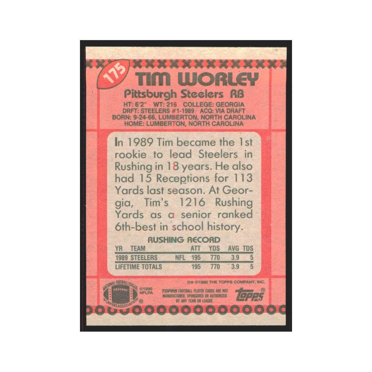 1990 Topps Tim Worley Steelers #175