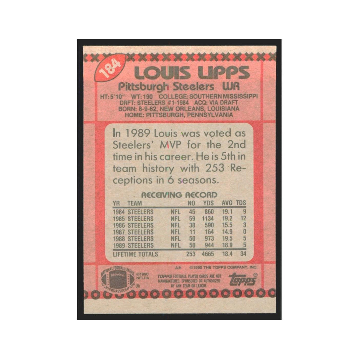 1990 Topps Louis Lipps Steelers #184