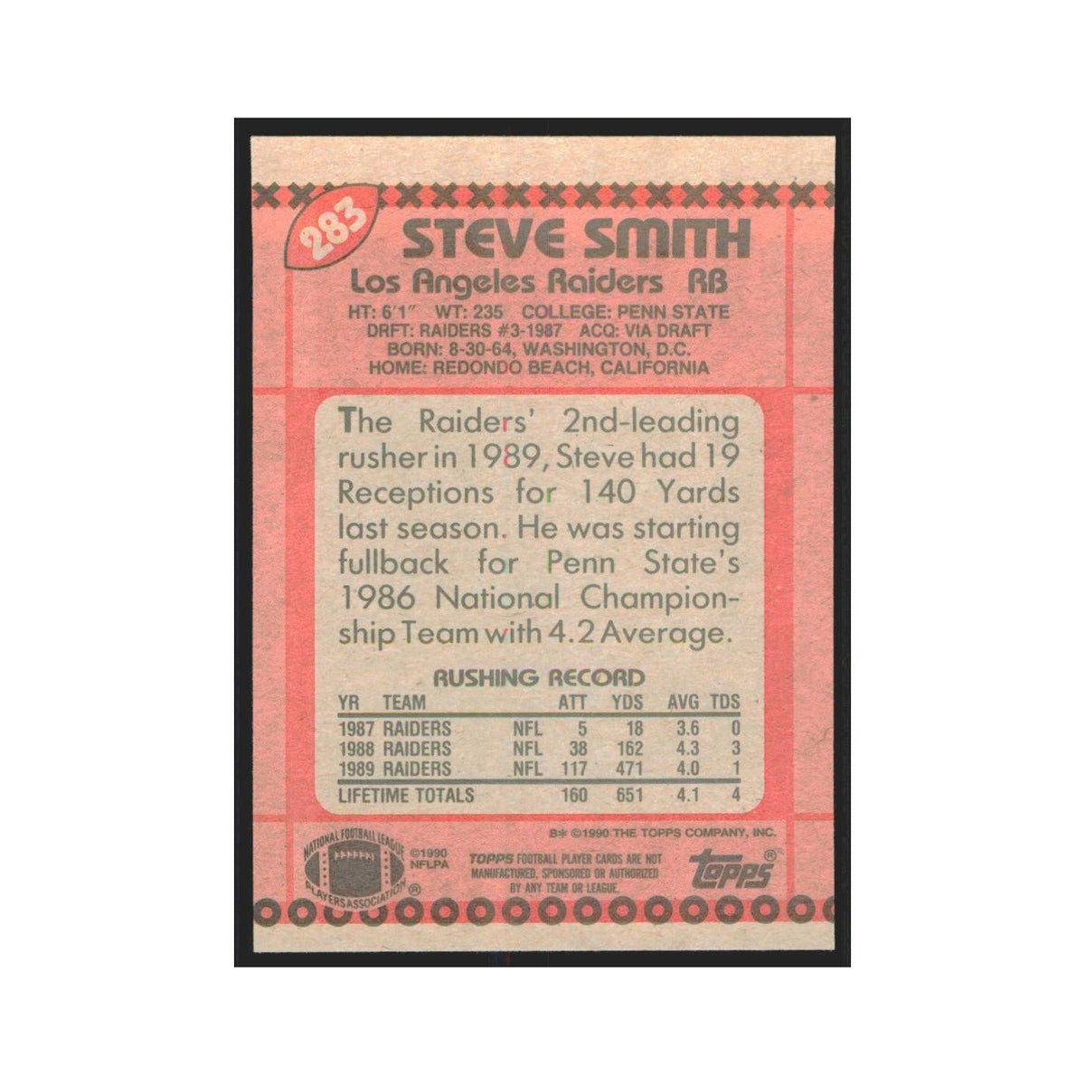 1990 Topps Steve Smith Los Angeles Raiders #283