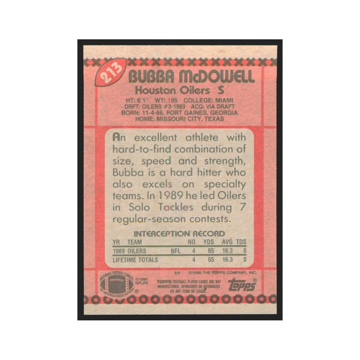 1990 Topps Bubba McDowell Houston Oilers #213