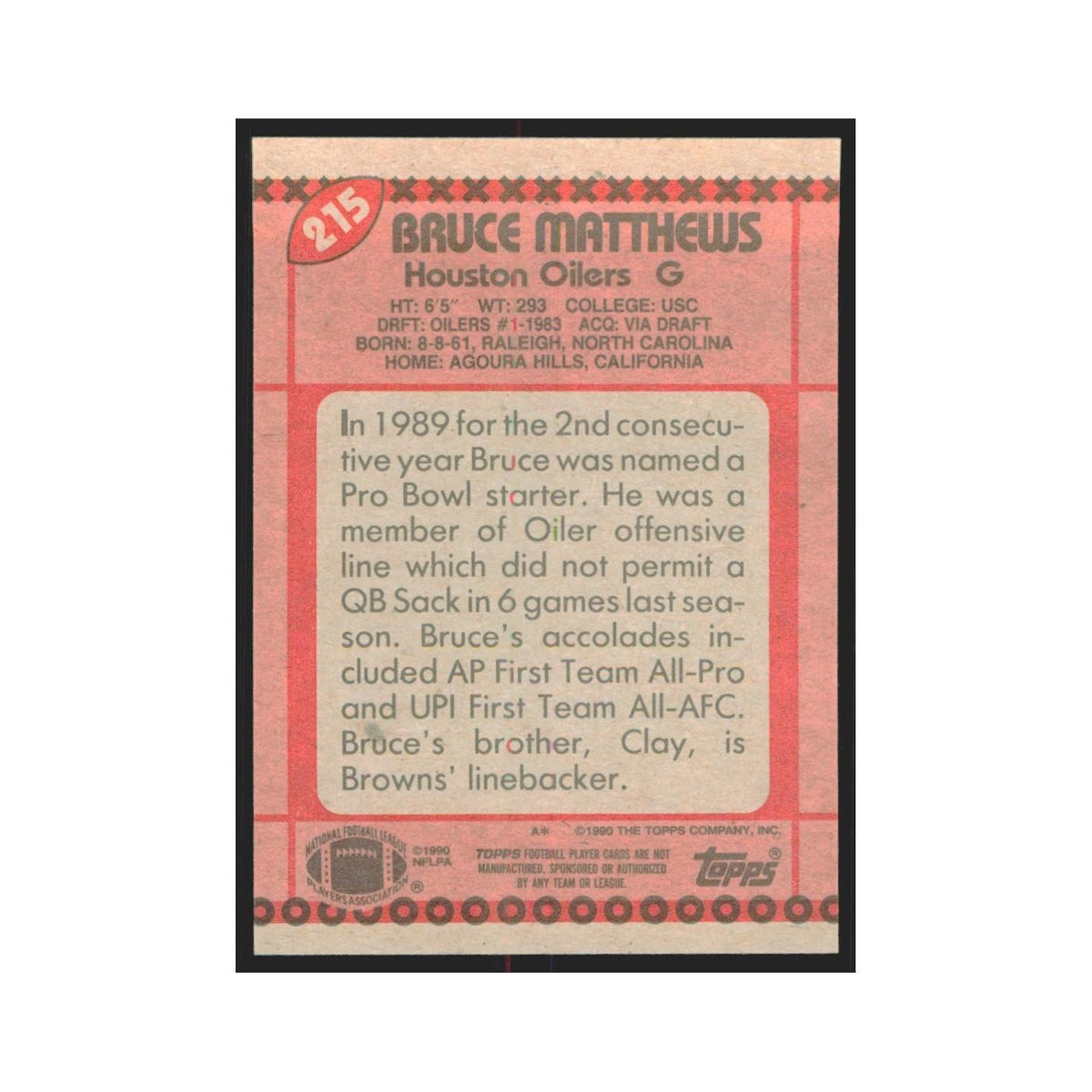 1990 Topps Bruce Matthews Houston Oilers #215