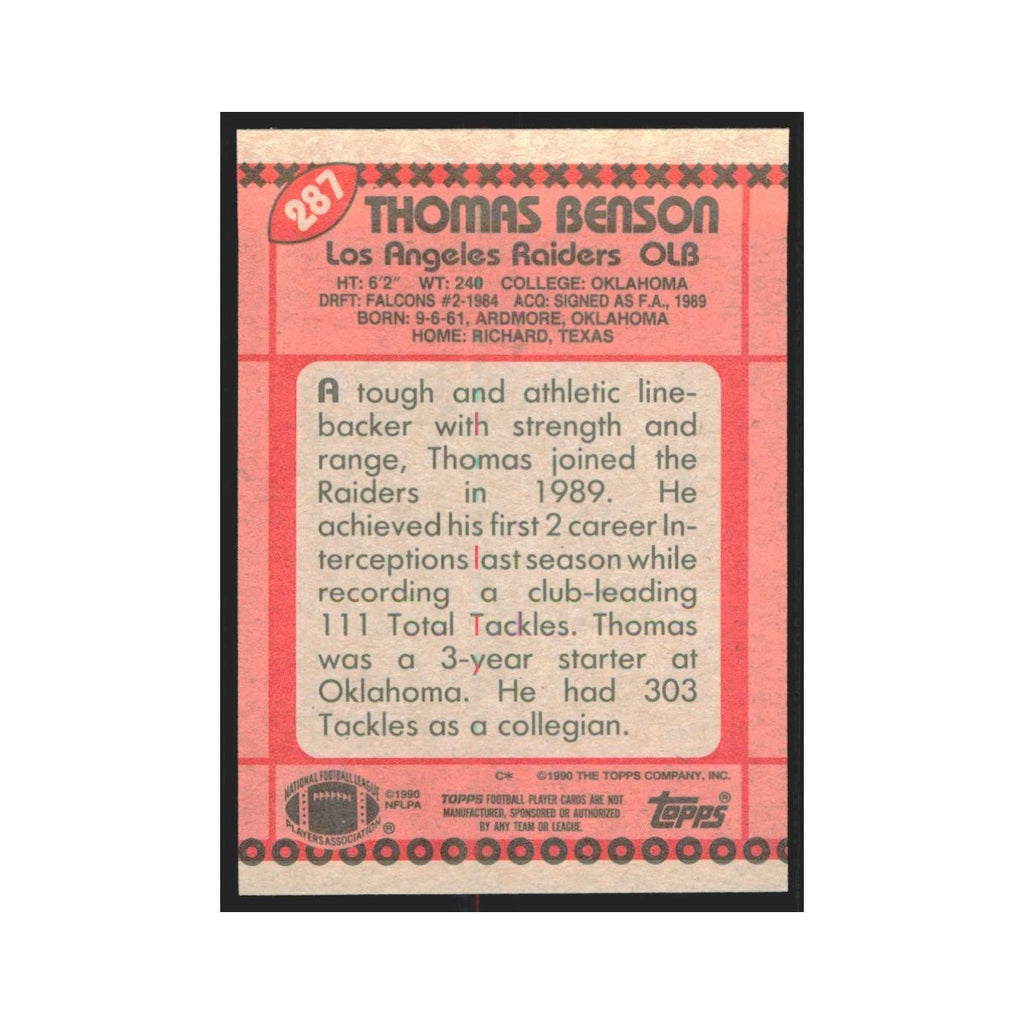 1990 Topps Thomas Benson Los Angeles Raiders #287