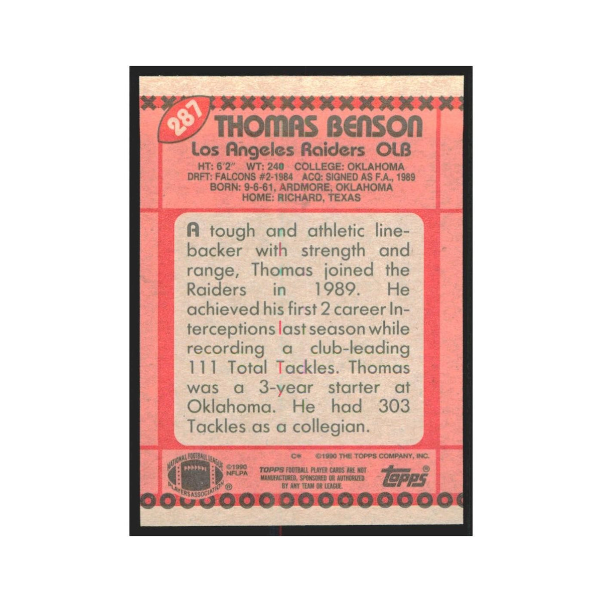 1990 Topps Thomas Benson Los Angeles Raiders #287