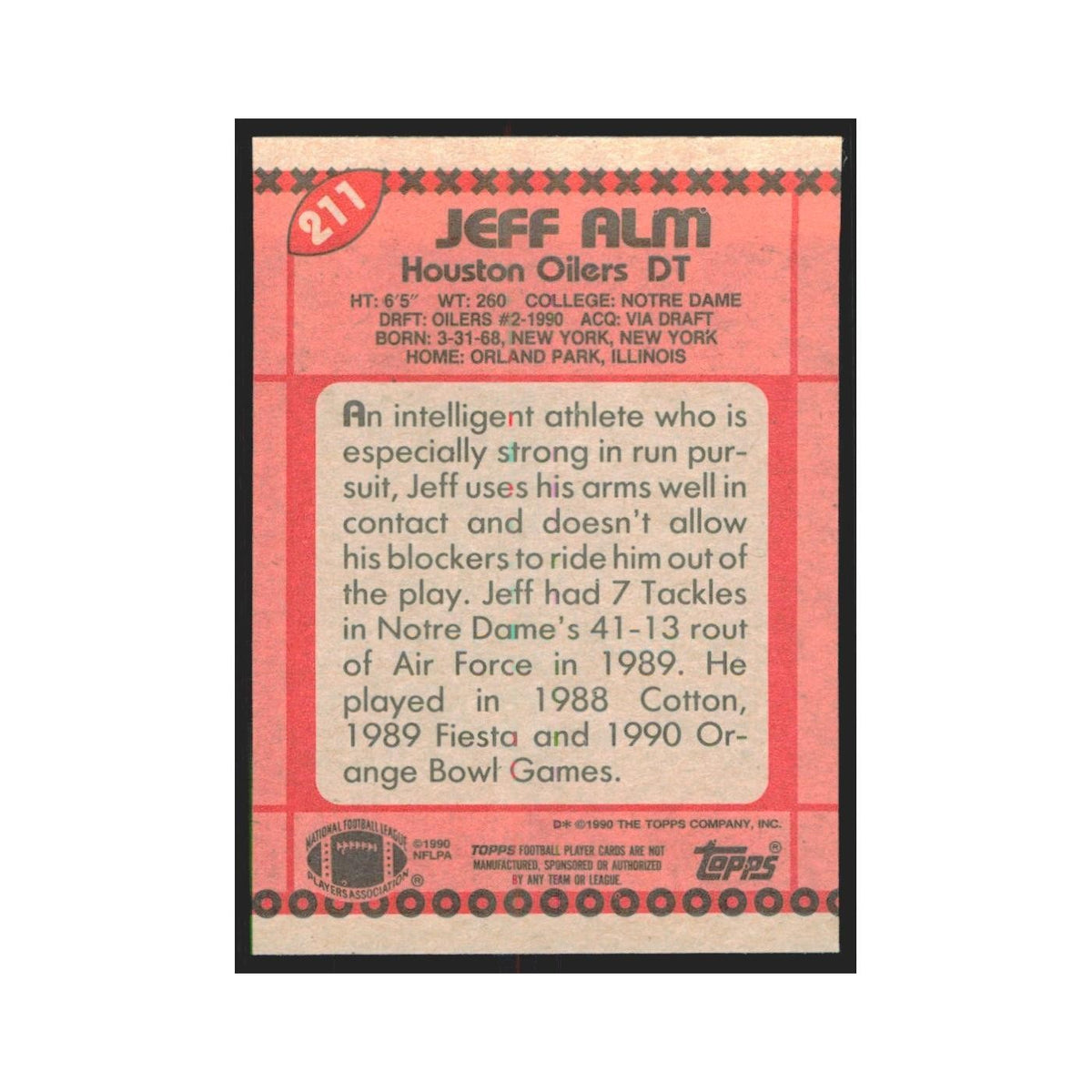 1990 Topps Jeff Alm RC Houston Oilers #211