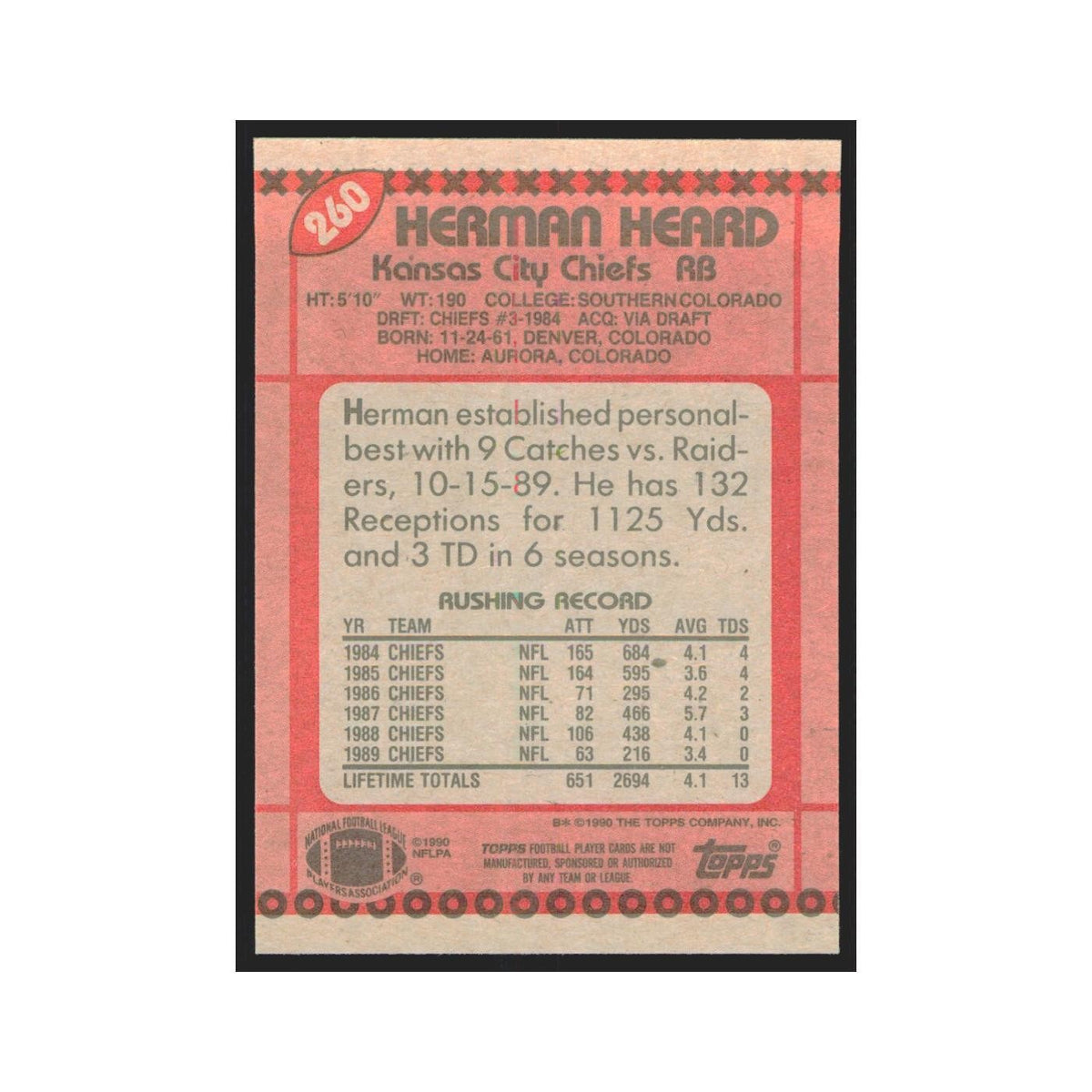 1990 Topps Herman Heard Chiefs #260