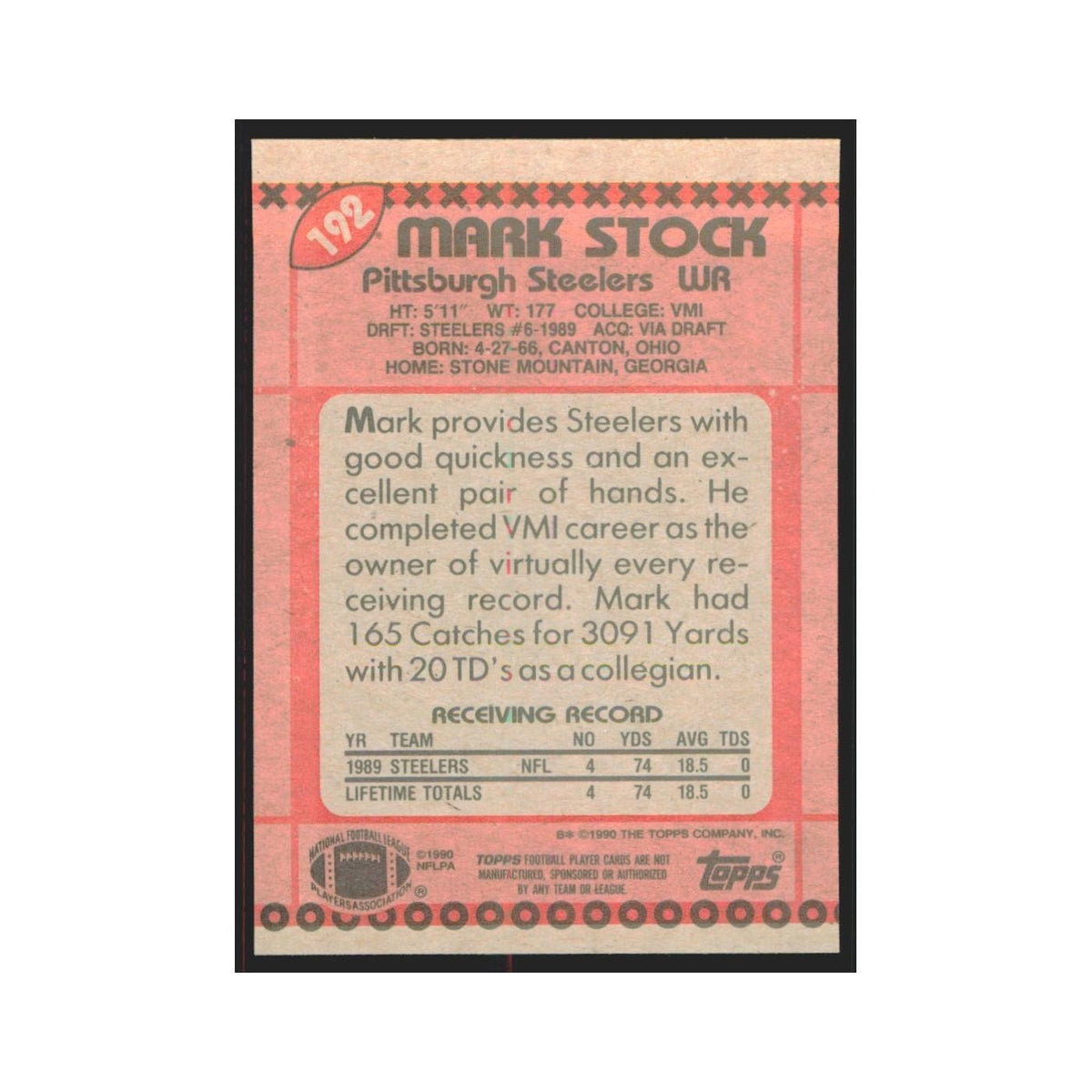 1990 Topps Mark Stock Steelers #192