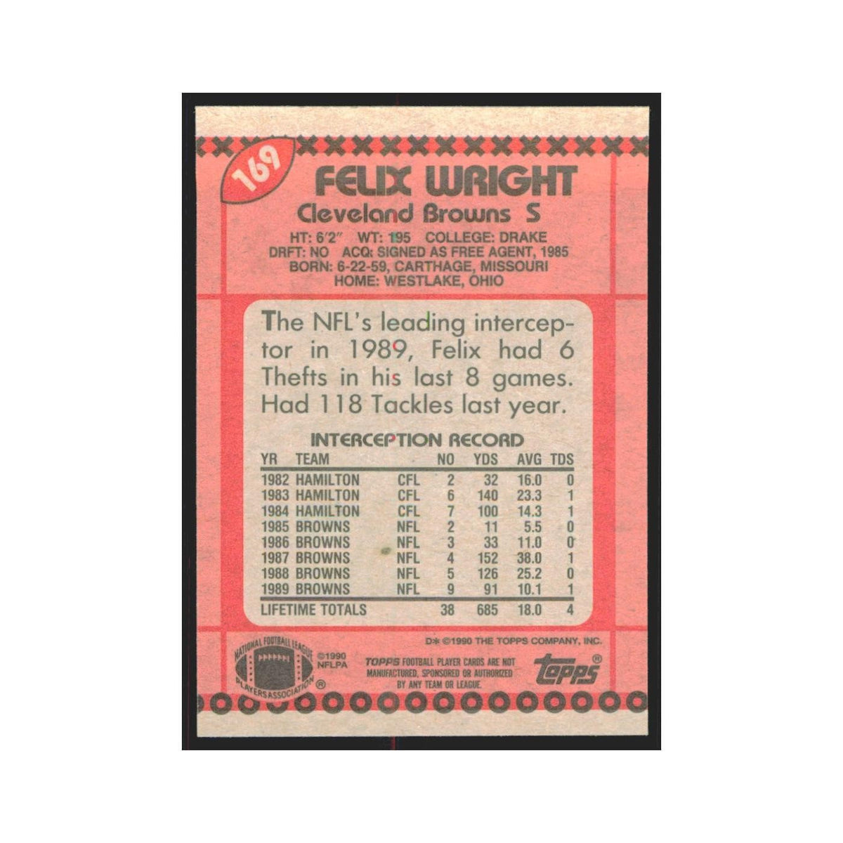 1990 Topps Felix Wright Browns #169
