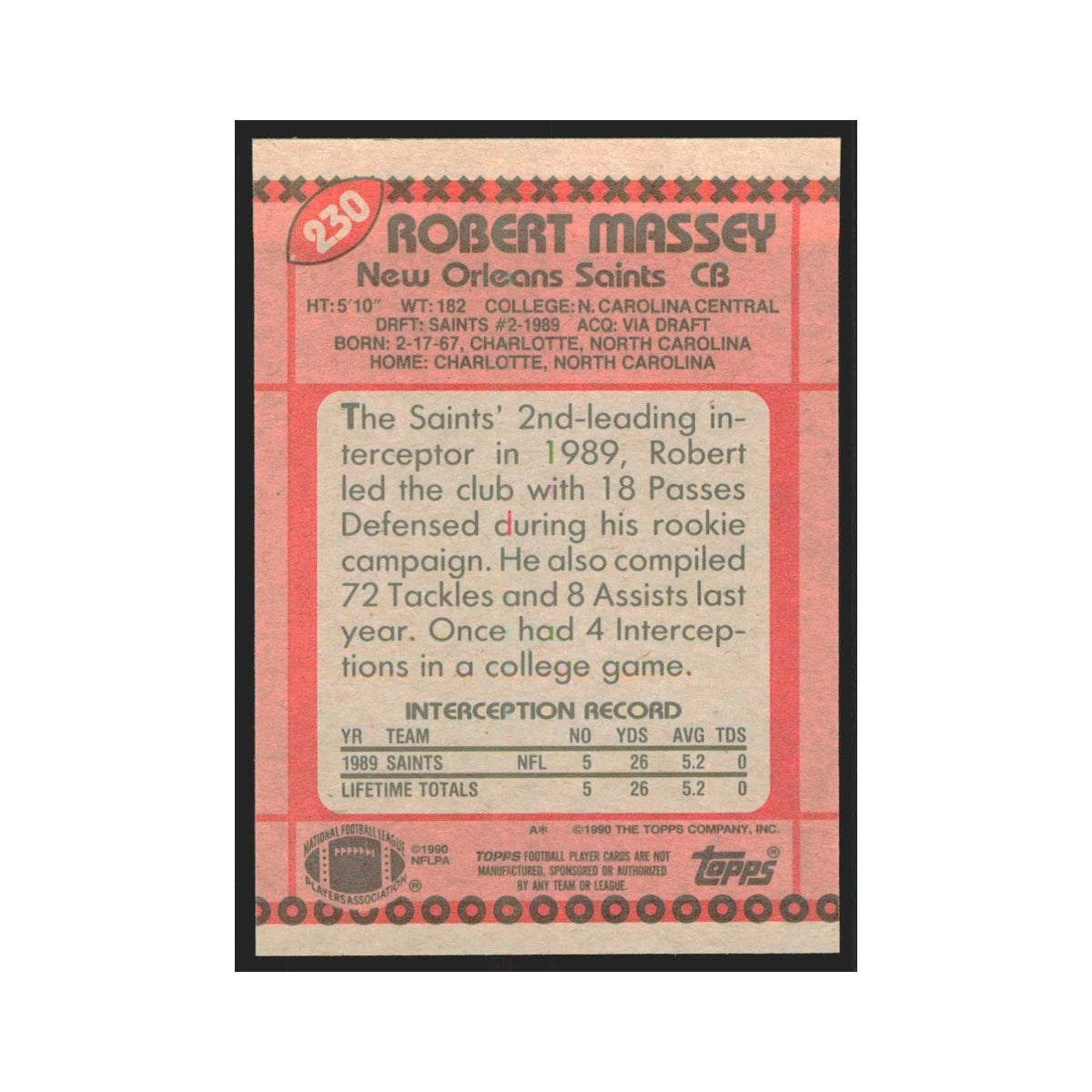 1990 Topps Robert Massey Saints #230