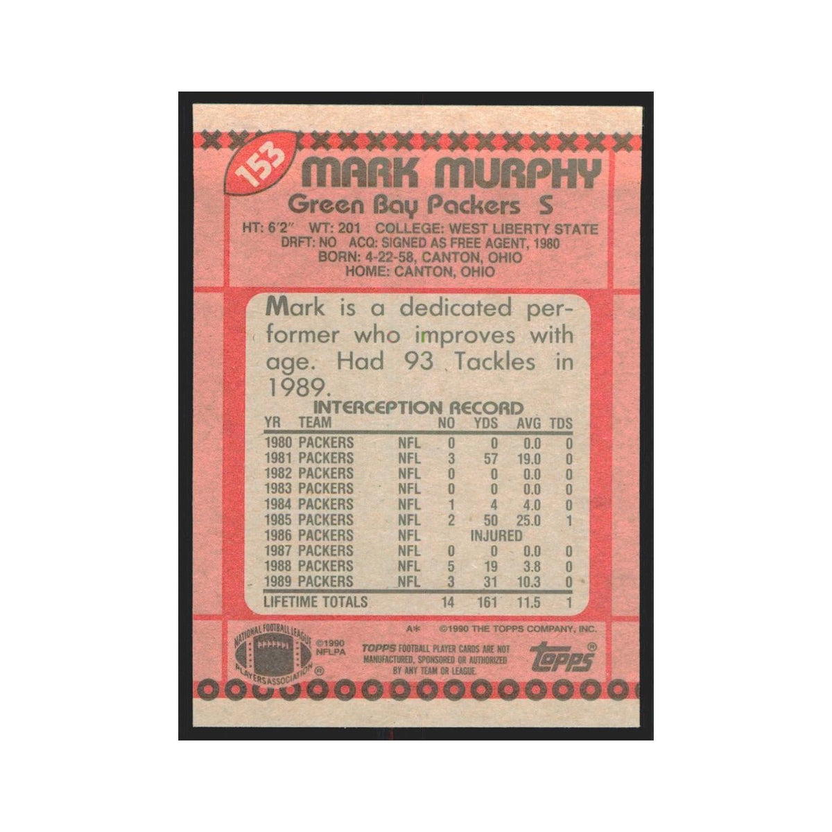 1990 Topps Mark Murphy Packers #153