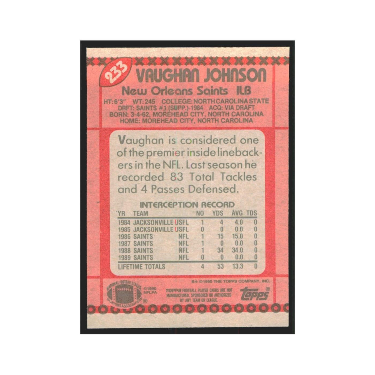1990 Topps Vaughan Johnson Saints #233