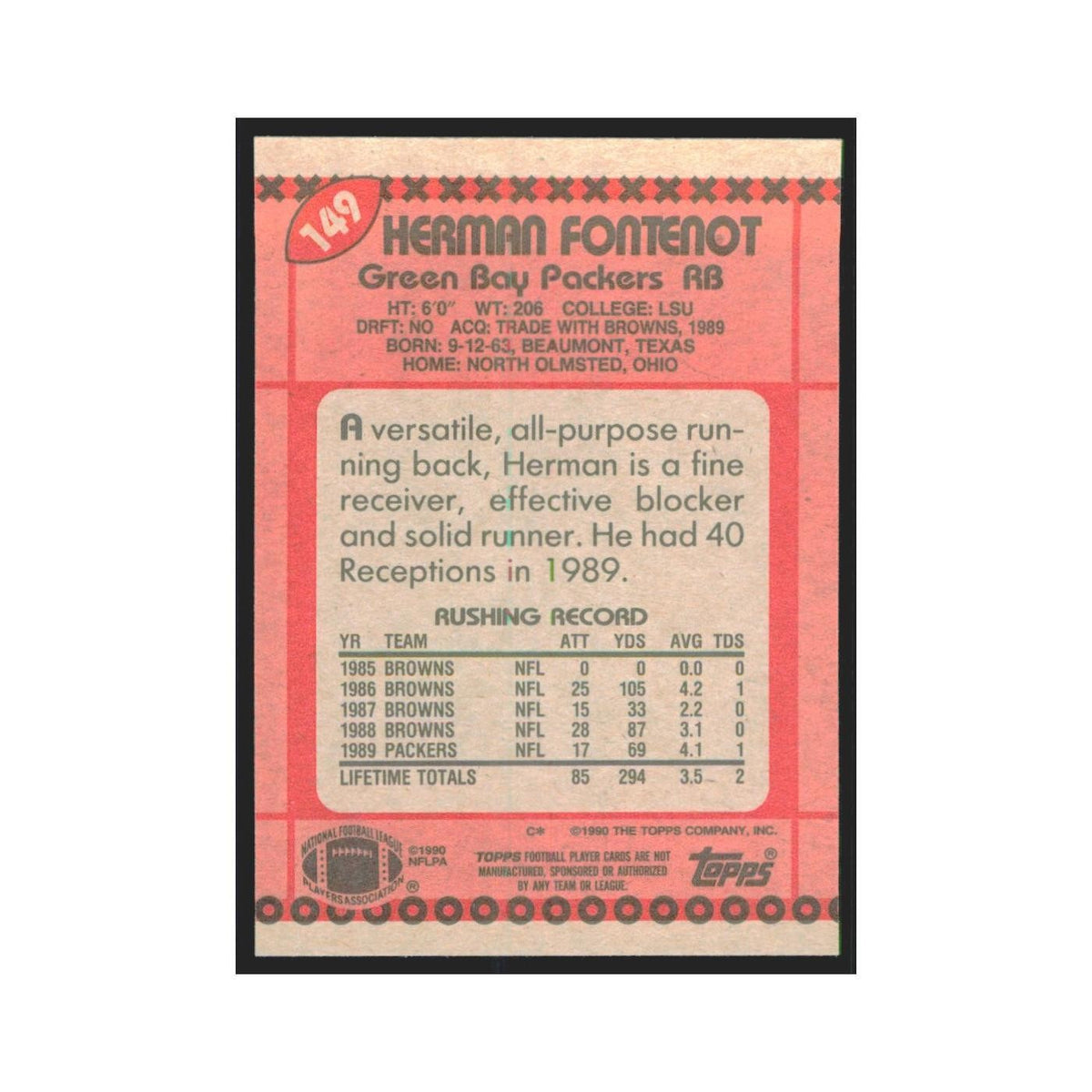 1990 Topps Herman Fontenot Packers #149