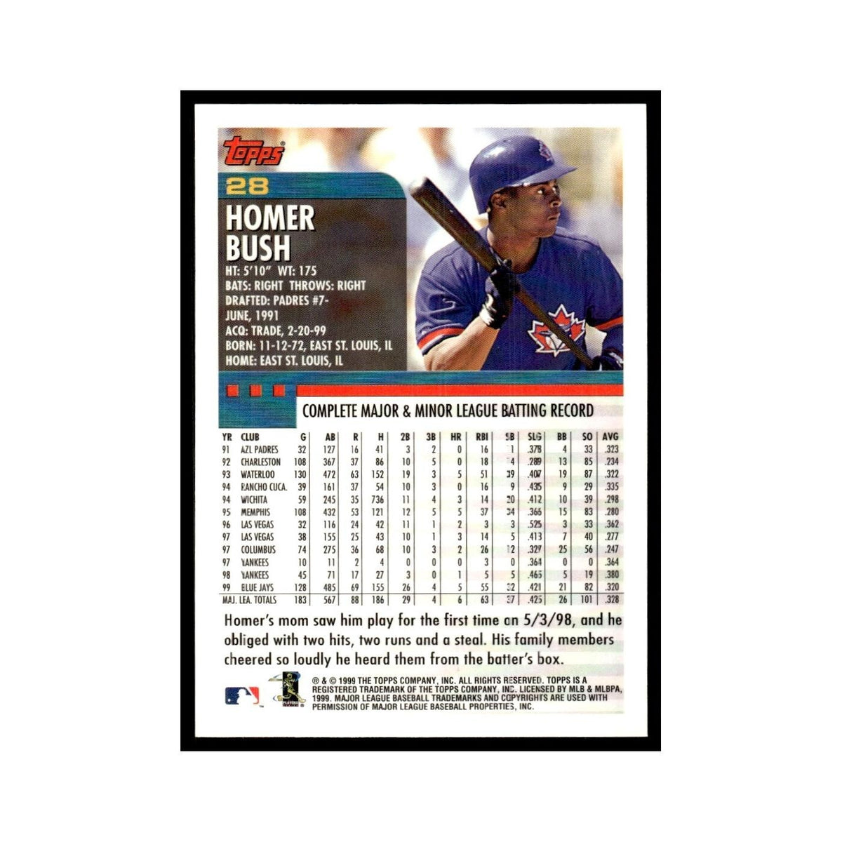 Homer Bush 2000 Topps #28 Toronto Blue Jays Baseball Card NM