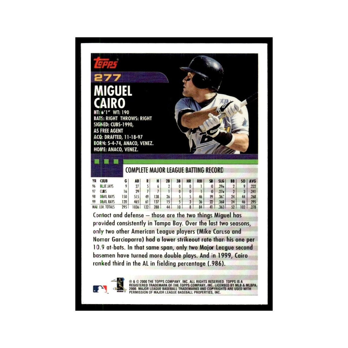 Miguel Cairo 2000 Topps #277 Tampa Bay Devil Rays Baseball Card NM