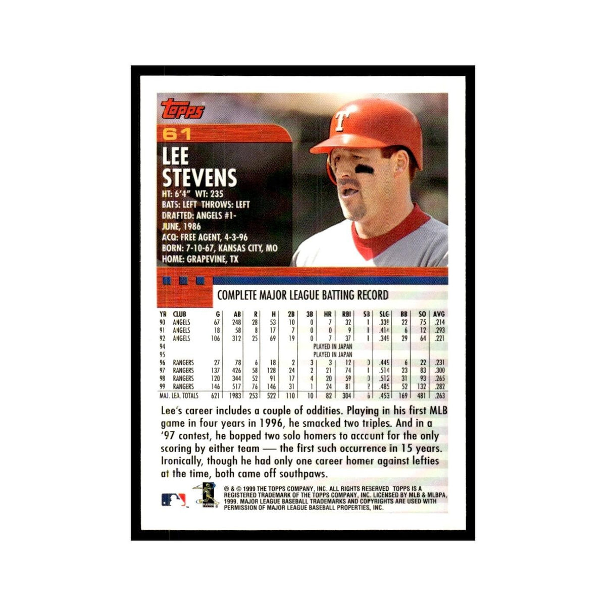 Lee Stevens 2000 Topps #61 Texas Rangers Baseball Card NM