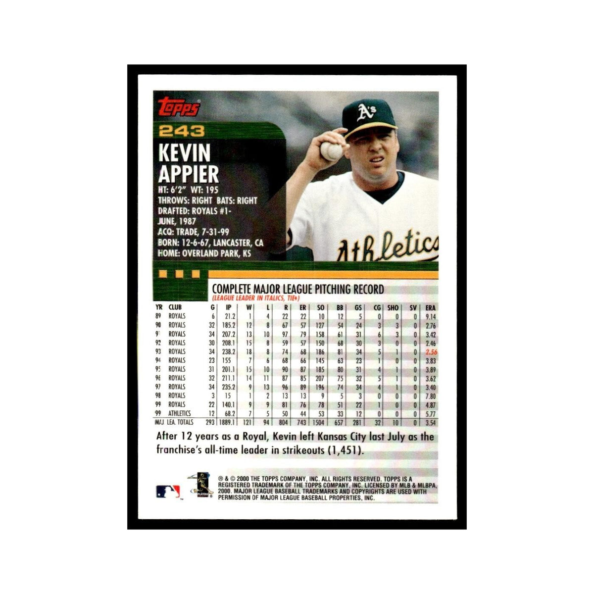 Kevin Appier 2000 Topps #243 Oakland Athletics Baseball Card NM