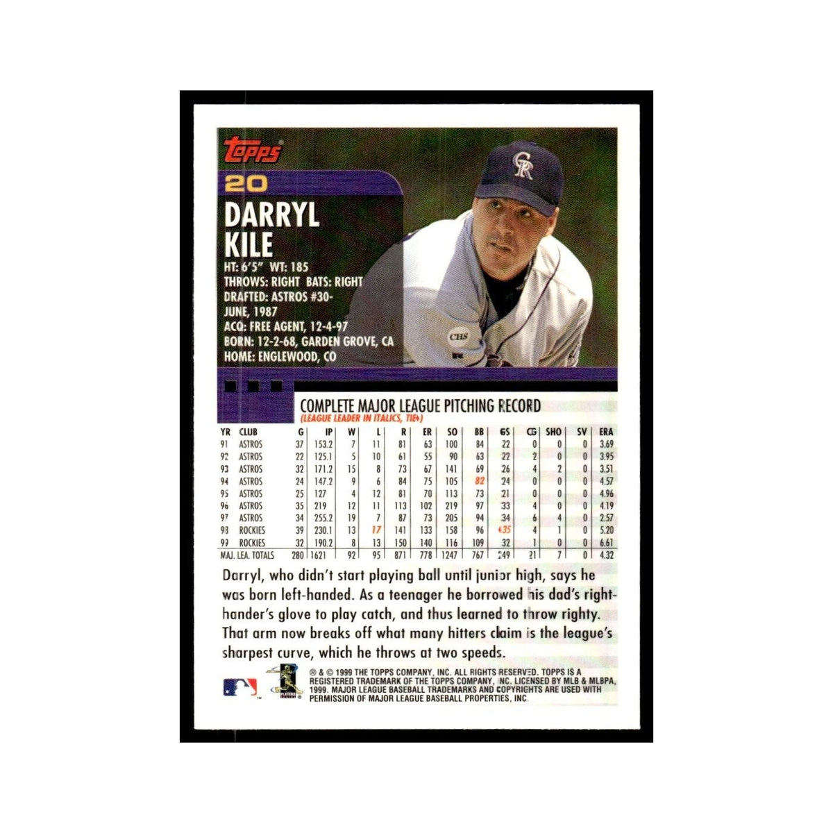 Darryl Kile 2000 Topps #20 Colorado Rockies Baseball Card NM