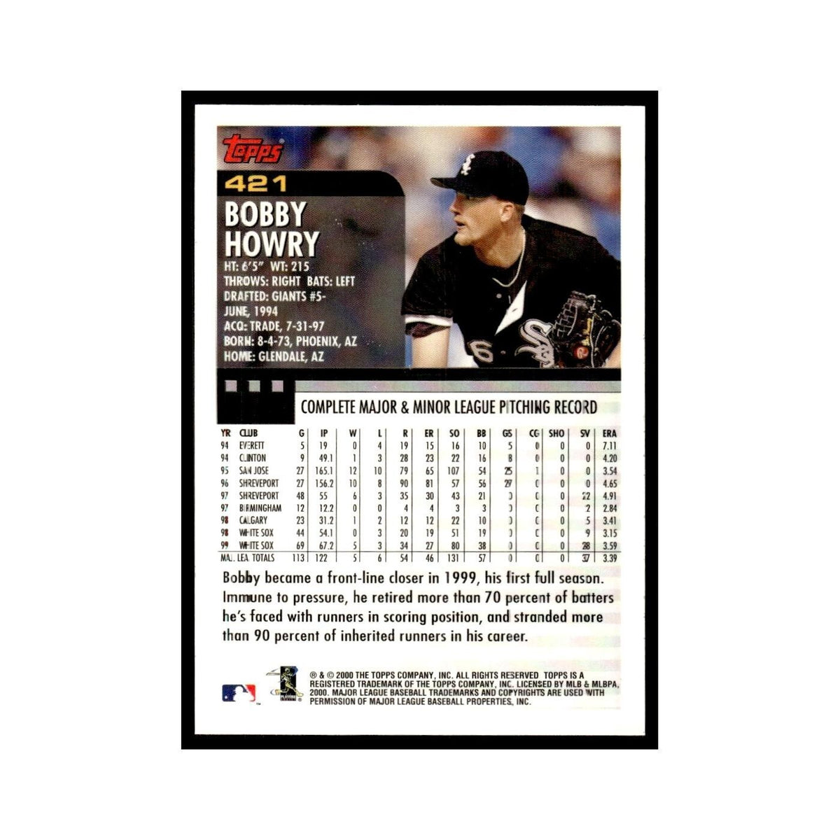 Bobby Howry 2000 Topps #421 Chicago White Sox Baseball Card NM